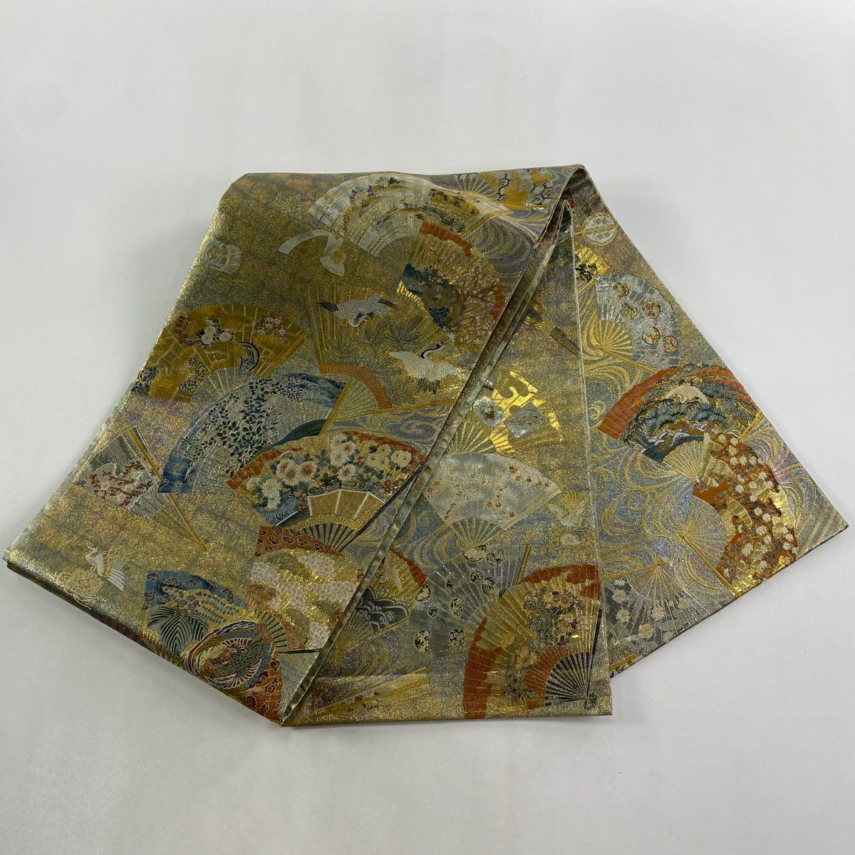 【美品】 袋帶 名品級 落款あり 徳川美術館秘藏 扇子 草花紋 金金箔 金色 大鼓圖案 純蠶絲