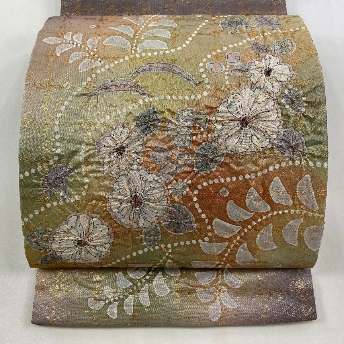 【美品】 袋帶 名品級 落款あり 辻花染 金金箔 灰紫 お太鼓柄 純蠶絲