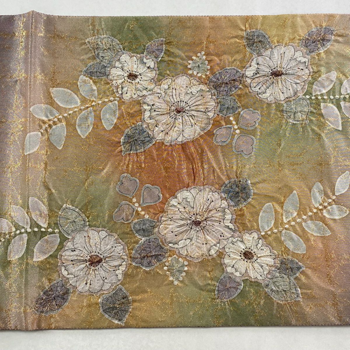【美品】 袋帶 名品級 落款あり 辻花染 金金箔 灰紫 お太鼓柄 純蠶絲