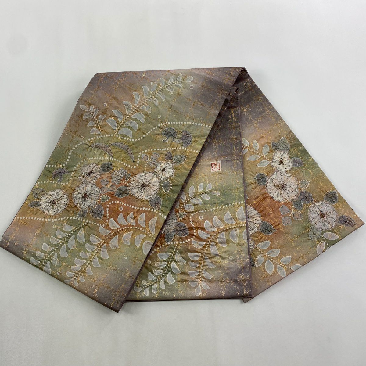 【美品】 袋帶 名品級 落款あり 辻花染 金金箔 灰紫 お太鼓柄 純蠶絲