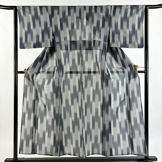 【美品】 紬織 身長155.5cm 袖長63.5cm S 薄物 縱條 灰色 純蠶絲 秀品級