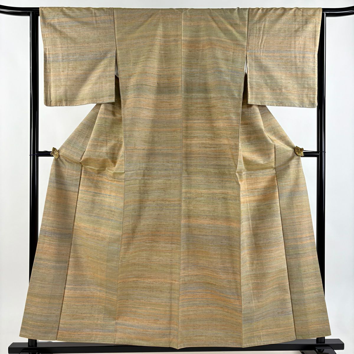 【美品】 紬織織 身長158cm 袖長64cm M 雙層 縞 黃土 純蠶絲 秀品級