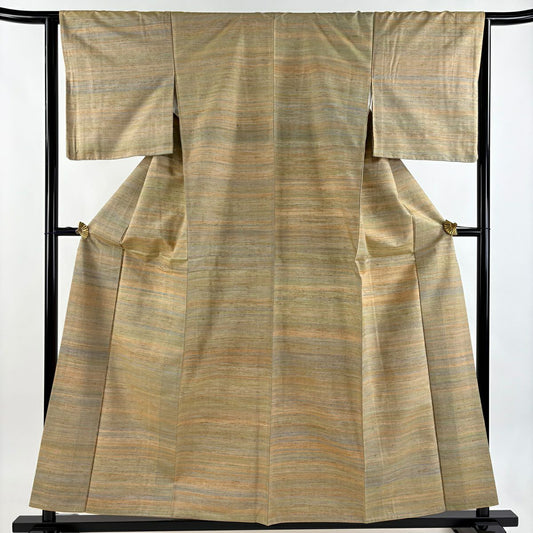 【美品】 紬織織 身長158cm 袖長64cm M 雙層 縞 黃土 純蠶絲 秀品級