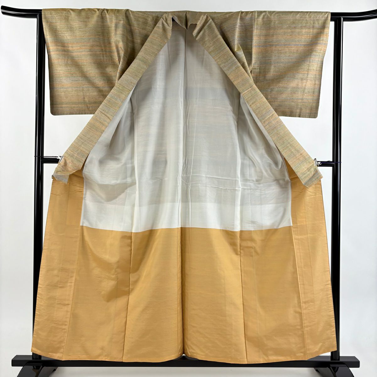 【美品】 紬織織 身長158cm 袖長64cm M 雙層 縞 黃土 純蠶絲 秀品級