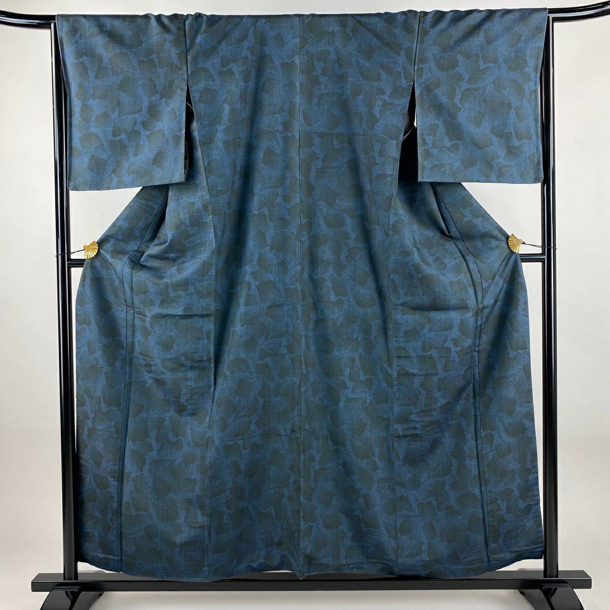 【美品】 紬織 身長157cm 袖長67cm M 雙層 葉柄 深藍 純蠶絲 秀品級