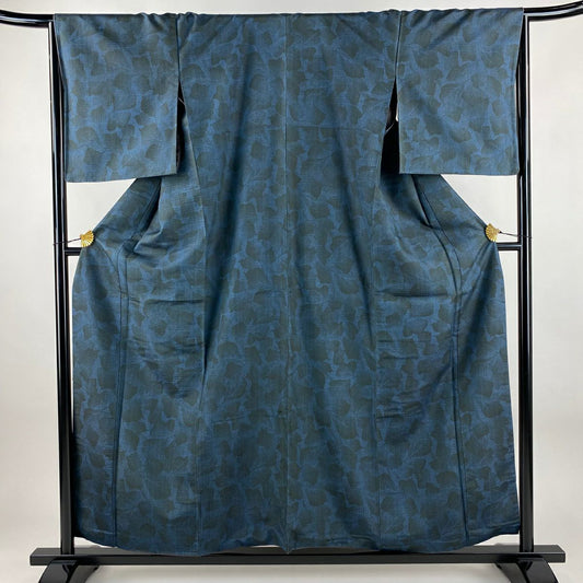 【美品】 紬織 身長157cm 袖長67cm M 雙層 葉柄 深藍 純蠶絲 秀品級