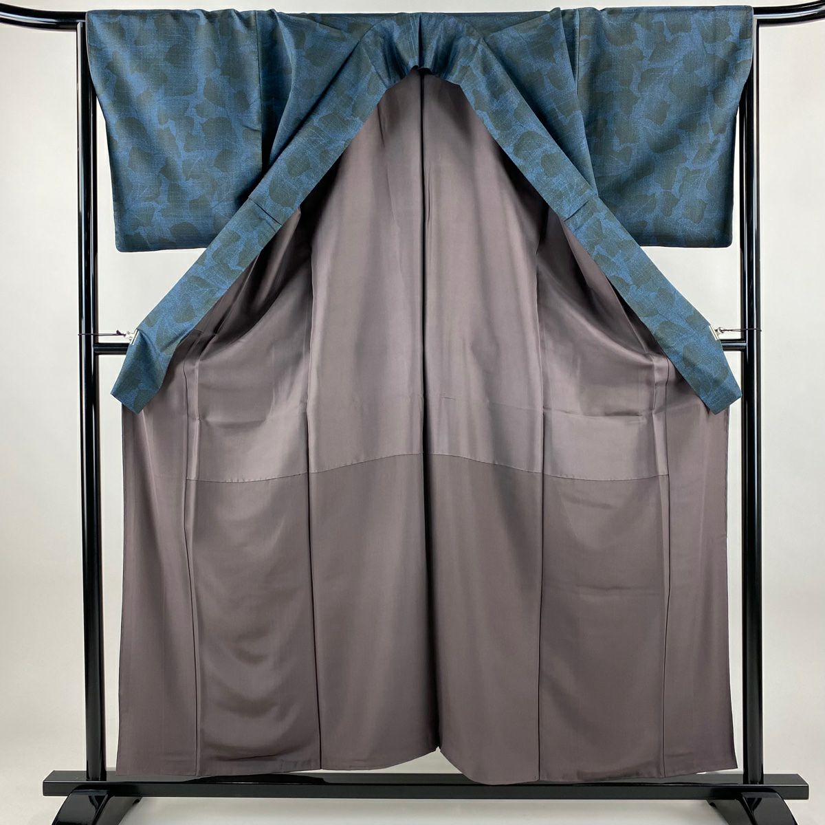 【美品】 紬織 身長157cm 袖長67cm M 雙層 葉柄 深藍 純蠶絲 秀品級