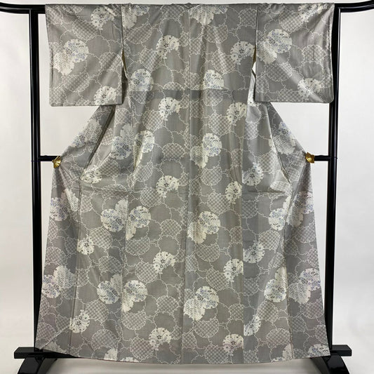 紬織 身長160cm 袖長63cm S 雙層 雪輪 草花紋紋 灰 純蠶絲 秀品級