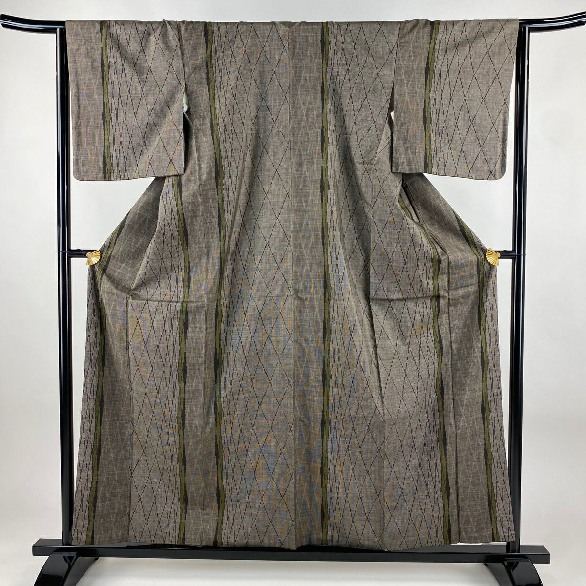 紬織 身長158.5cm 袖長63.5cm S 雙層 縞 菱格子 焦茶 純蠶絲 秀品級