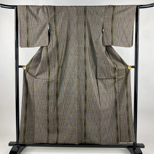 紬織 身長158.5cm 袖長63.5cm S 雙層 縞 菱格子 焦茶 純蠶絲 秀品級