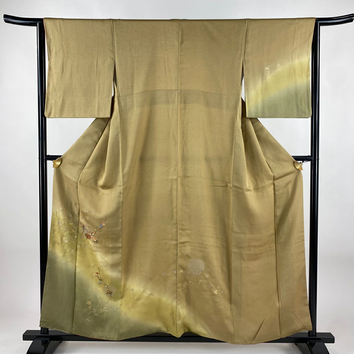 付下 身長157cm 袖長63.5cm S 雙層 枝梅花 菊花 刺繡 金銀彩 黃土 純蠶絲 秀品級