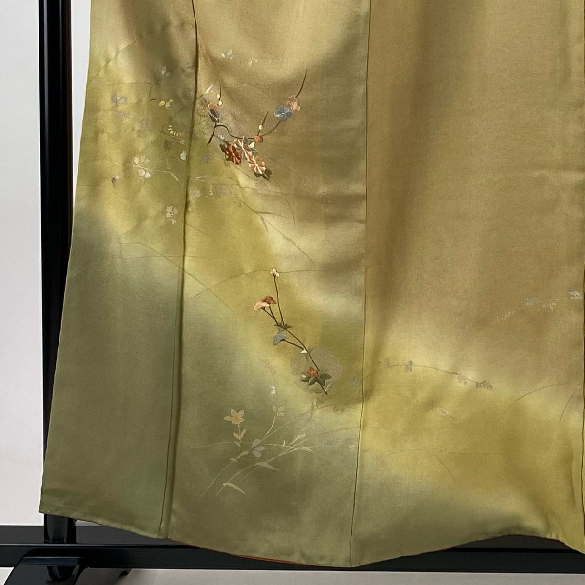 付下 身長157cm 袖長63.5cm S 雙層 枝梅花 菊花 刺繡 金銀彩 黃土 純蠶絲 秀品級