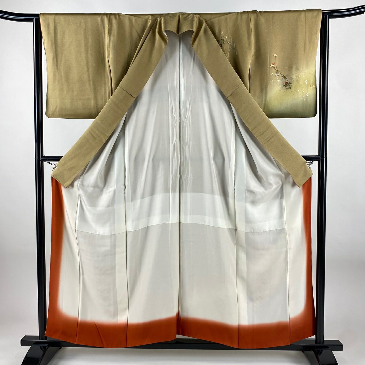付下 身長157cm 袖長63.5cm S 雙層 枝梅花 菊花 刺繡 金銀彩 黃土 純蠶絲 秀品級