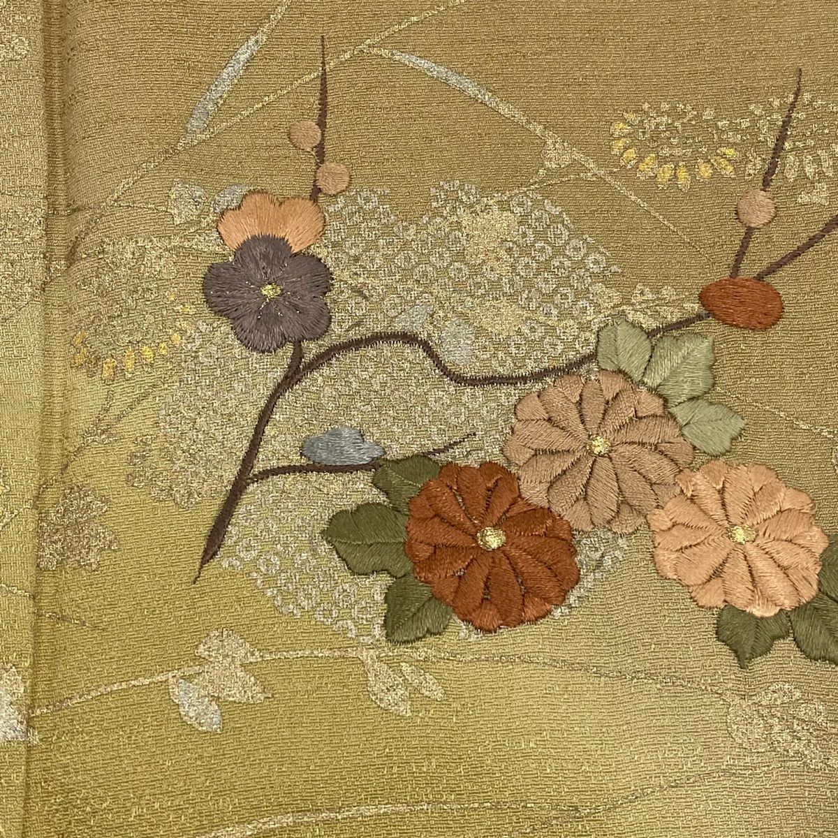 付下 身長157cm 袖長63.5cm S 雙層 枝梅花 菊花 刺繡 金銀彩 黃土 純蠶絲 秀品級
