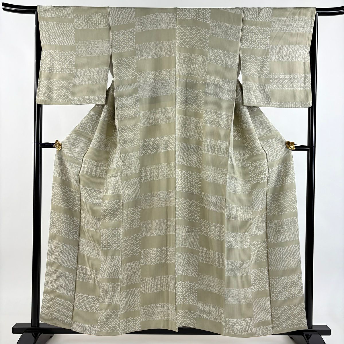 【美品】 小紋 身長158cm 袖長66cm M 雙層 有職紋樣 花 灰綠 純蠶絲 秀品級