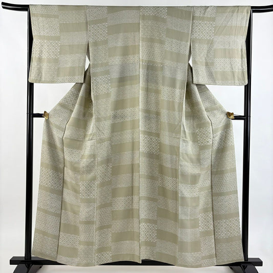 【美品】 小紋 身長158cm 袖長66cm M 雙層 有職紋樣 花 灰綠 純蠶絲 秀品級