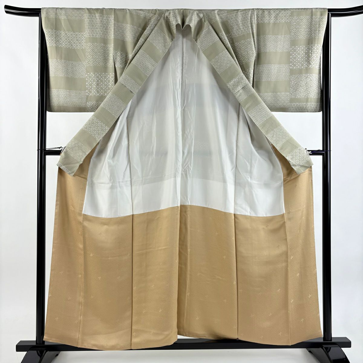 【美品】 小紋 身長158cm 袖長66cm M 雙層 有職紋樣 花 灰綠 純蠶絲 秀品級