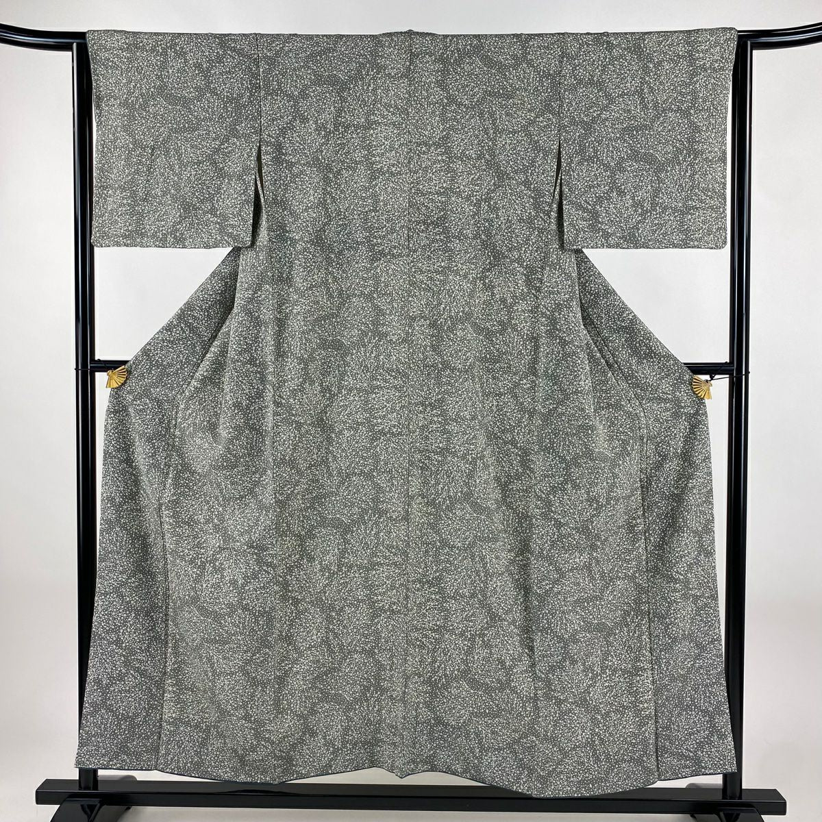 小紋 身長153cm 袖長63.5cm S 雙層 きぬたや 枝花 灰綠 純蠶絲 秀品級
