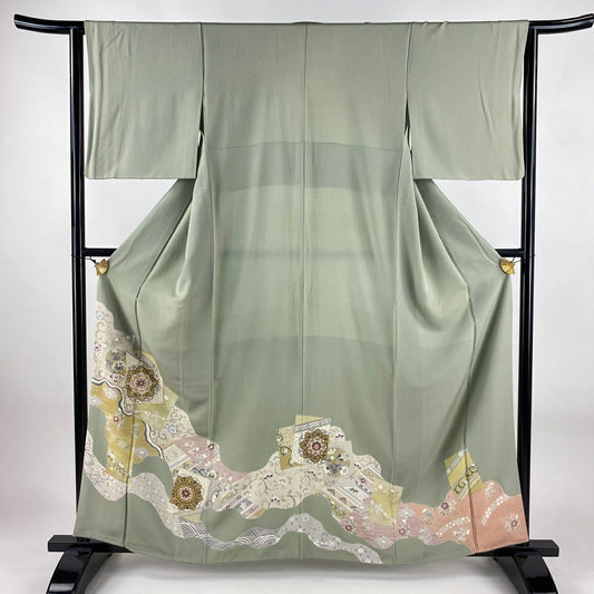 色留袖禮服 身長161.5cm 袖長63cm S 雙層 華紋 花唐草紋 金絲 金銀彩 灰綠 純蠶絲 秀品級