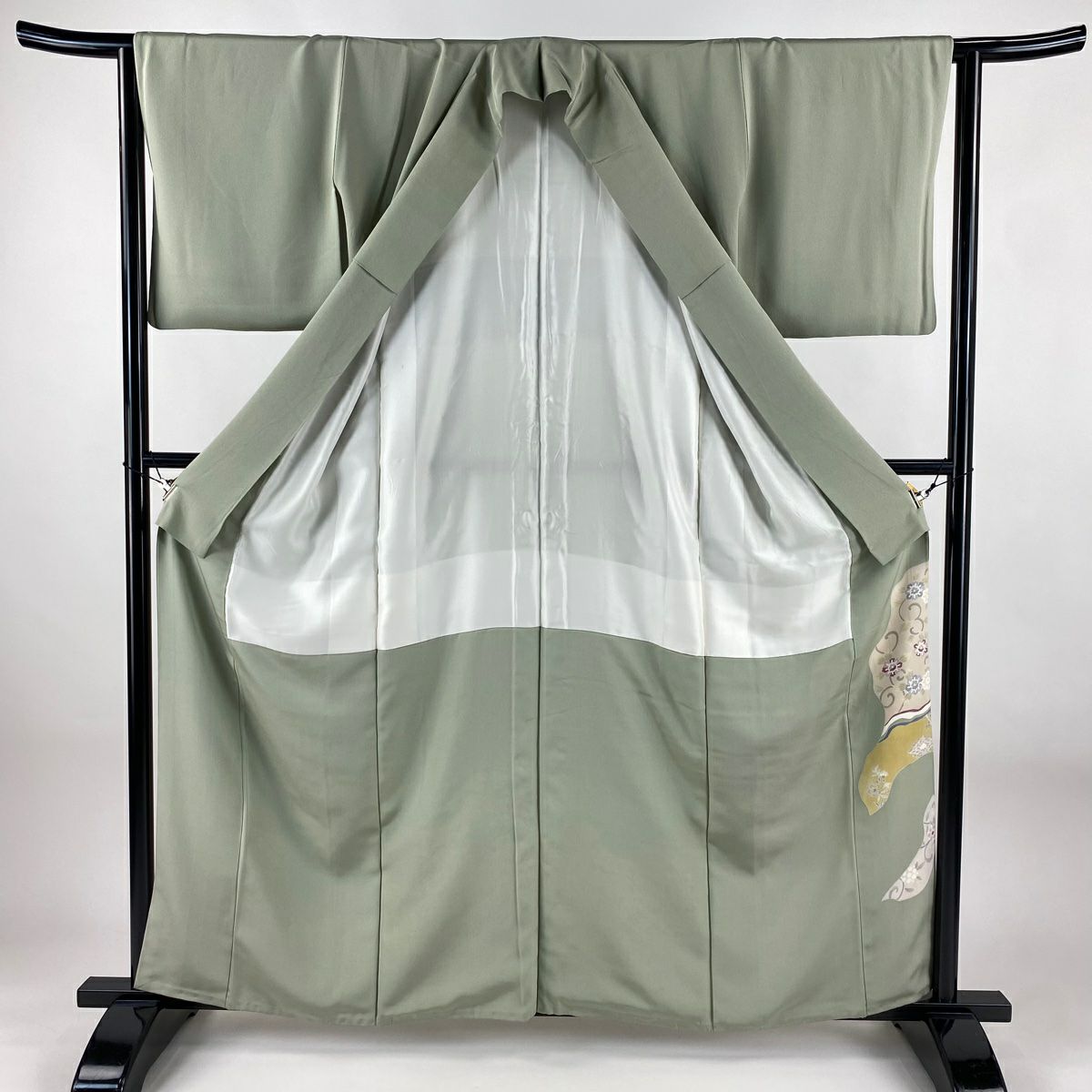 色留袖禮服 身長161.5cm 袖長63cm S 雙層 華紋 花唐草紋 金絲 金銀彩 灰綠 純蠶絲 秀品級