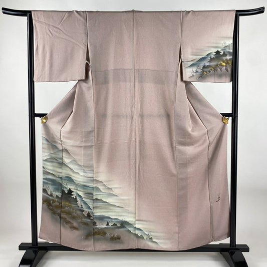 付下 身長156cm 袖長64.5cm M 雙層 山並輪廓 金銀彩 漸層 淺粉色 純蠶絲 優品級