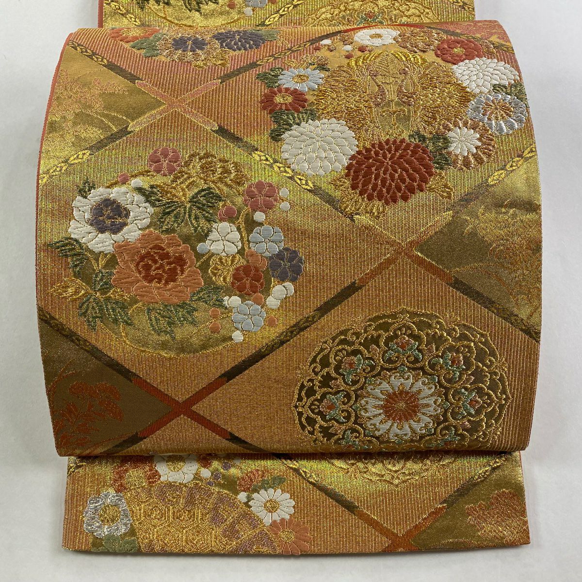 【美品】 袋帶 秀品級 華紋 向鳥 金銀線 金金箔 金色 六通 純蠶絲