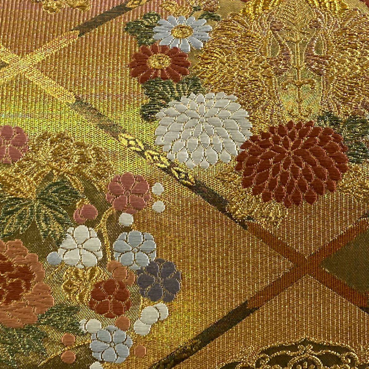 【美品】 袋帶 秀品級 華紋 向鳥 金銀線 金金箔 金色 六通 純蠶絲