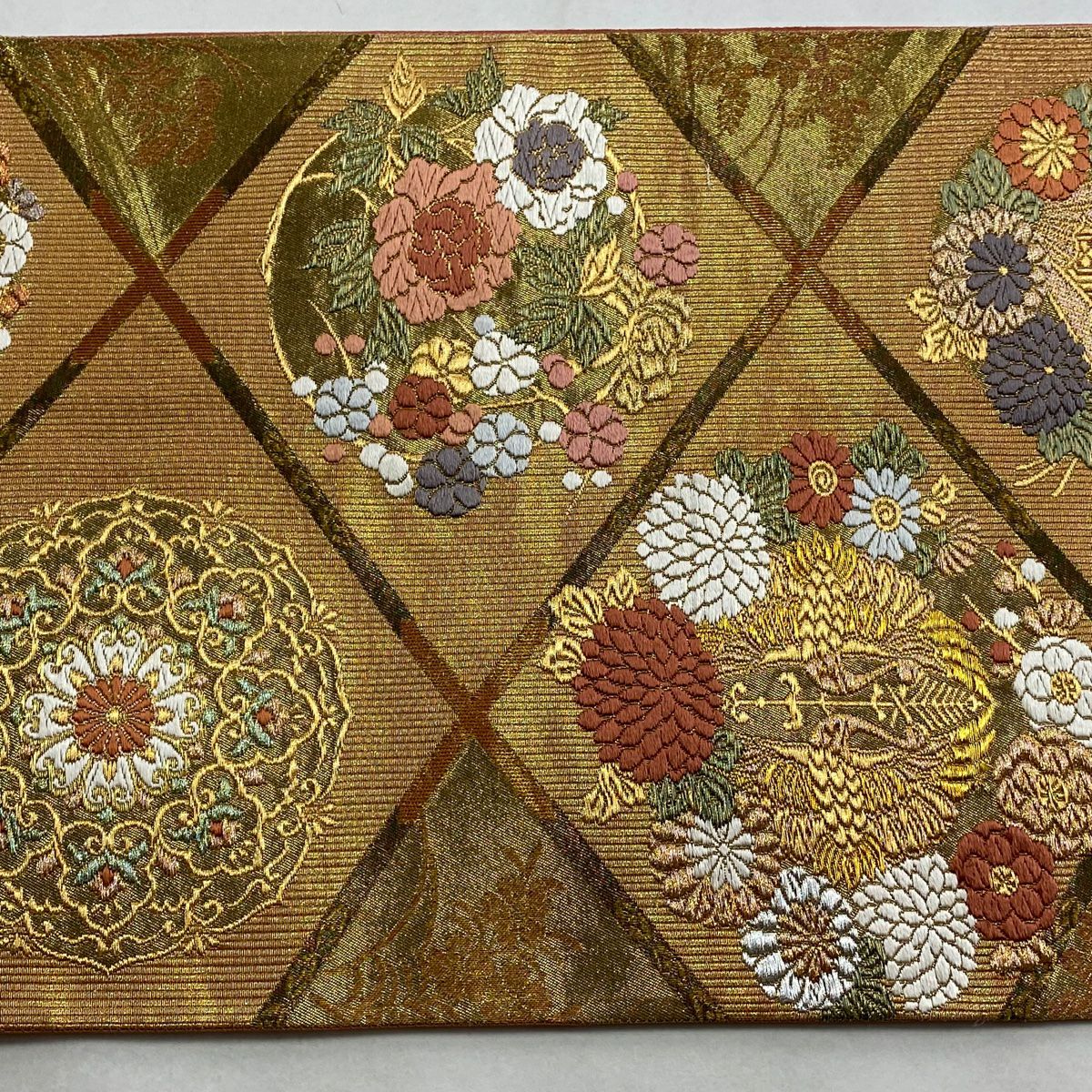 【美品】 袋帶 秀品級 華紋 向鳥 金銀線 金金箔 金色 六通 純蠶絲