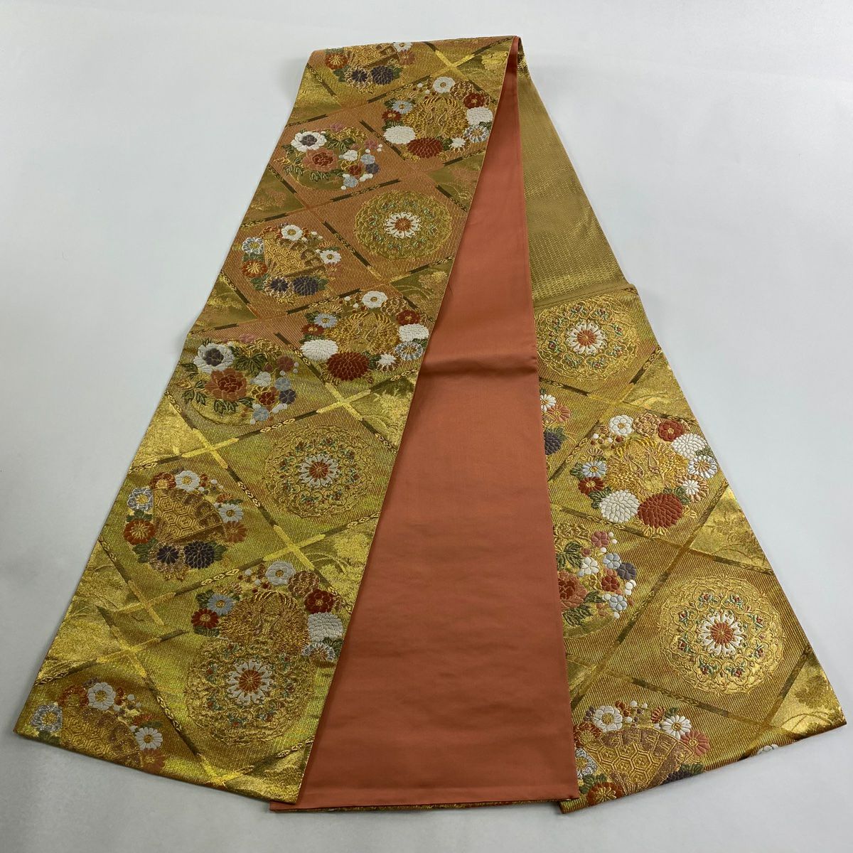 【美品】 袋帶 秀品級 華紋 向鳥 金銀線 金金箔 金色 六通 純蠶絲
