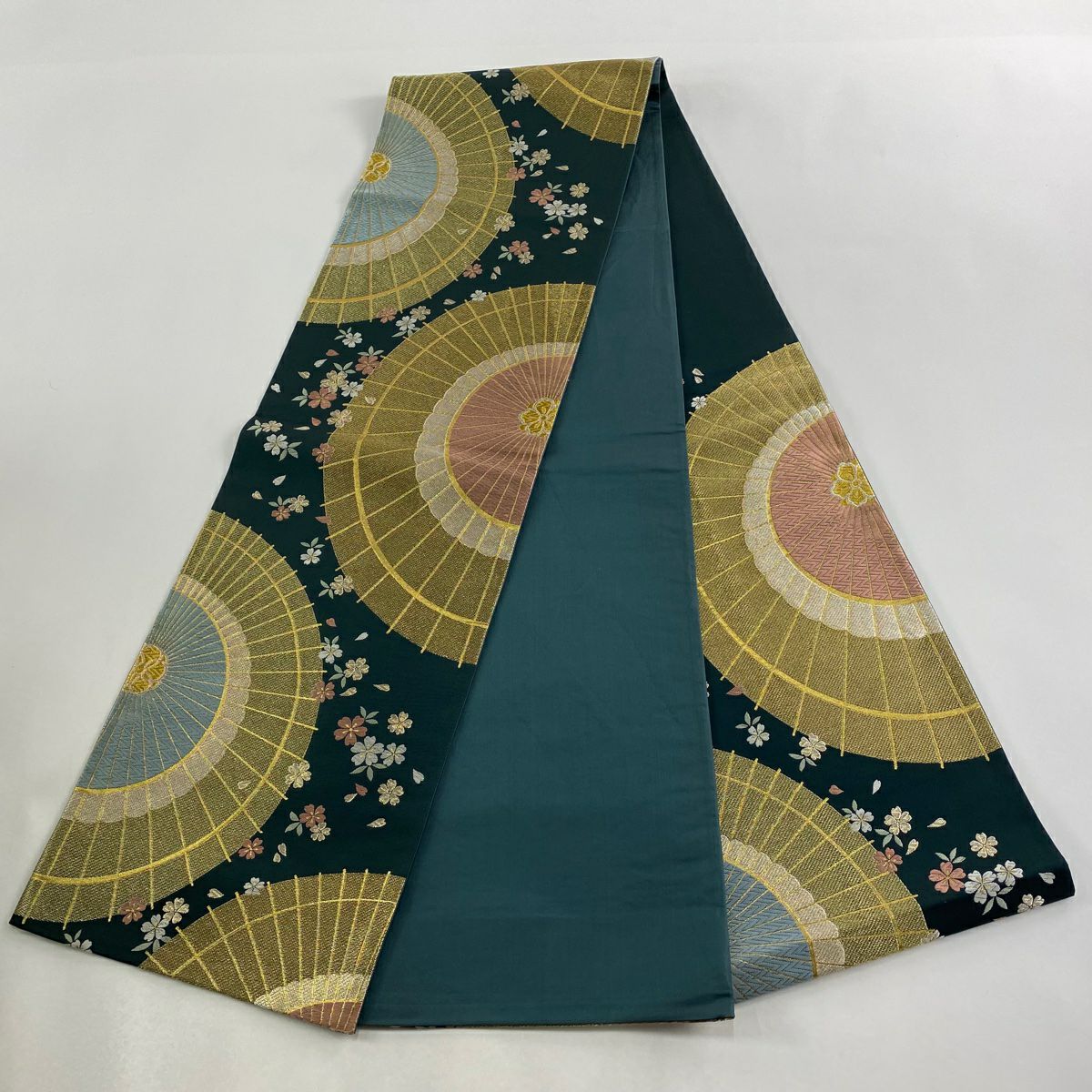 【美品】 袋帶 秀品級 番傘 樱花 金銀彩 金金箔 深綠 六通 純蠶絲