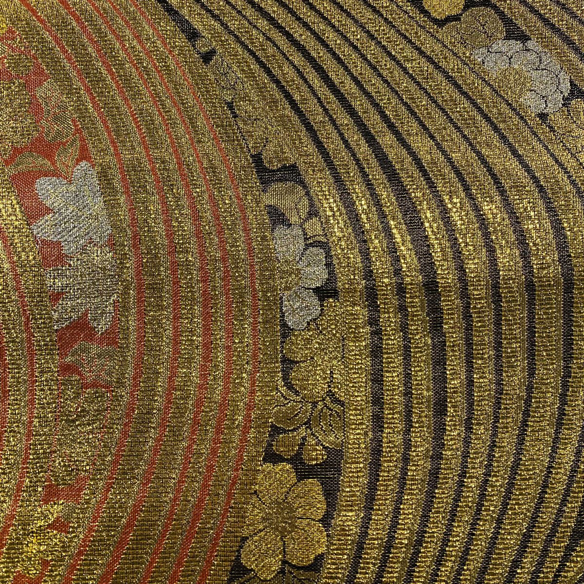 【美品】 袋帶 秀品級 草花紋 流水 金金箔 金絲 金 六通 純蠶絲