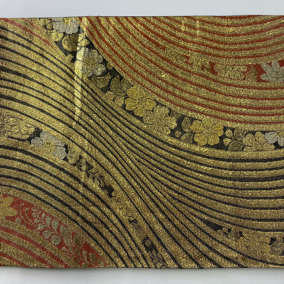 【美品】 袋帶 秀品級 草花紋 流水 金金箔 金絲 金 六通 純蠶絲