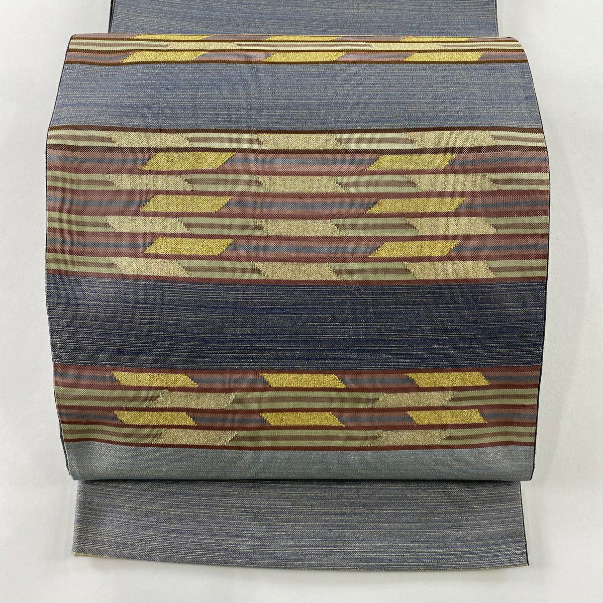 【美品】 袋帶 秀品級 縞 幾何學 金絲 灰色 大鼓圖案 純蠶絲