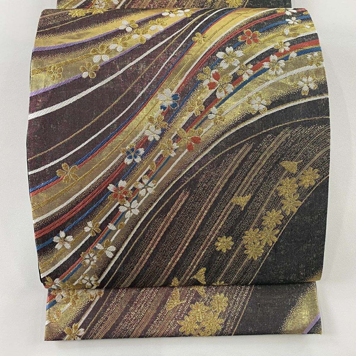 【美品】 袋帶 秀品級 櫻花 幾何學 金絲 金金箔 墨色 六通 純蠶絲