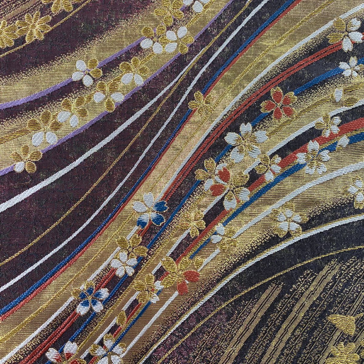【美品】 袋帶 秀品級 櫻花 幾何學 金絲 金金箔 墨色 六通 純蠶絲