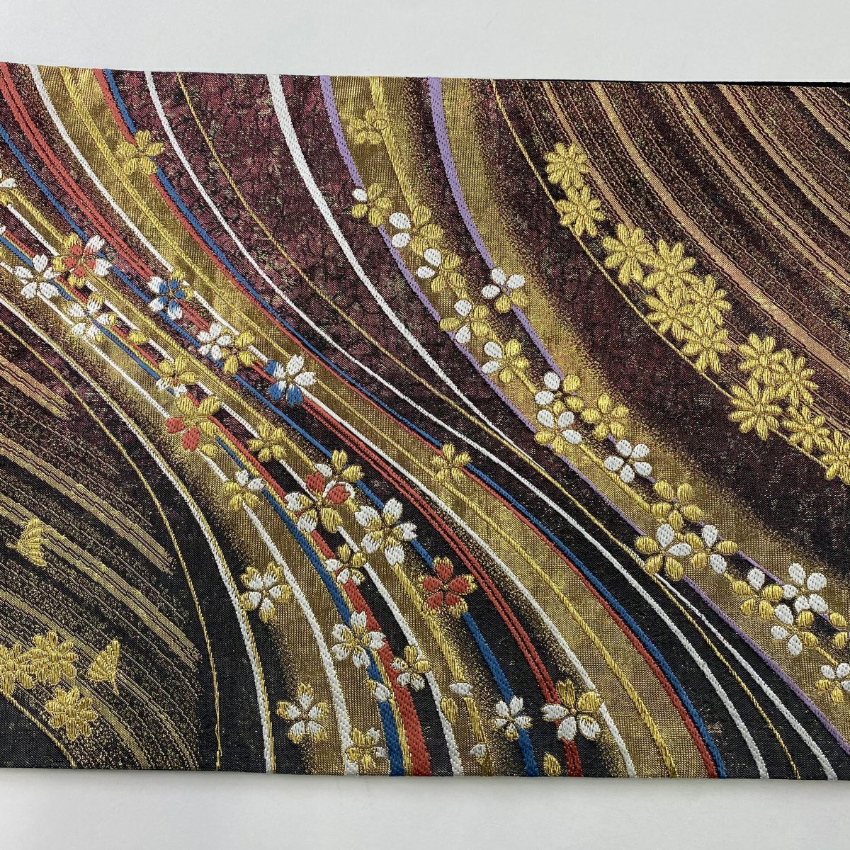 【美品】 袋帶 秀品級 櫻花 幾何學 金絲 金金箔 墨色 六通 純蠶絲