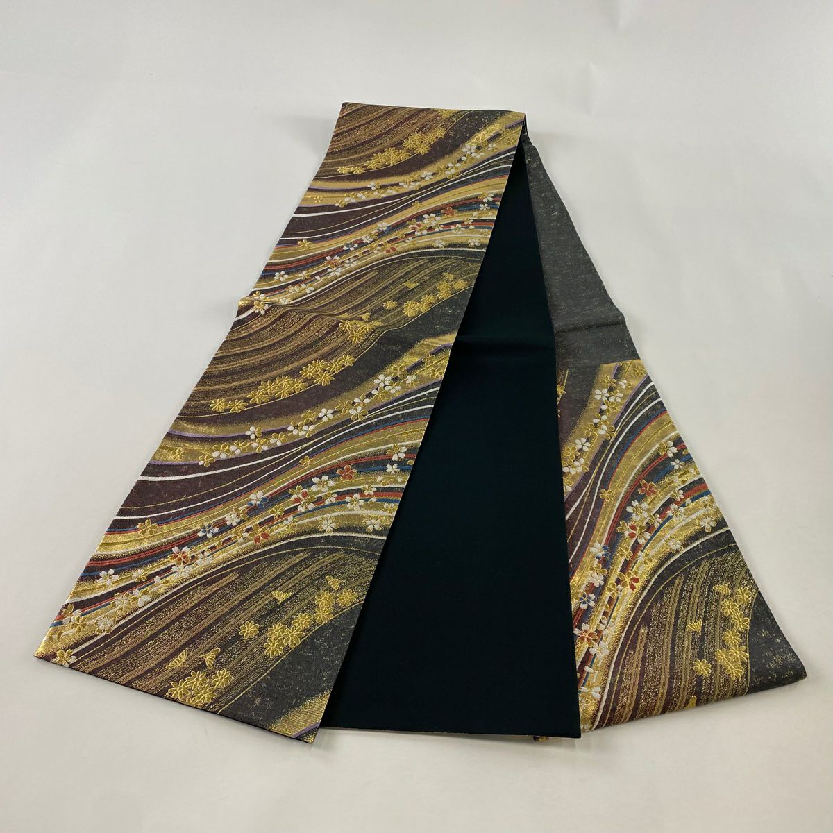【美品】 袋帶 秀品級 櫻花 幾何學 金絲 金金箔 墨色 六通 純蠶絲