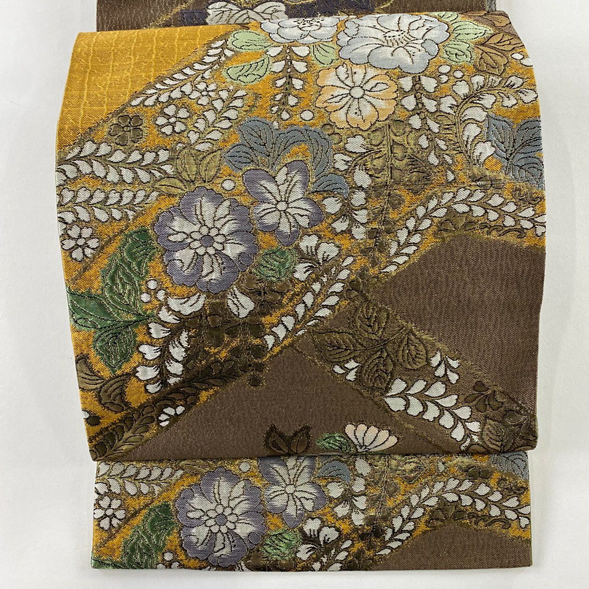 【美品】 袋帶 秀品級 辻花染圖案 幾何學 金金箔 茶 六通 純蠶絲