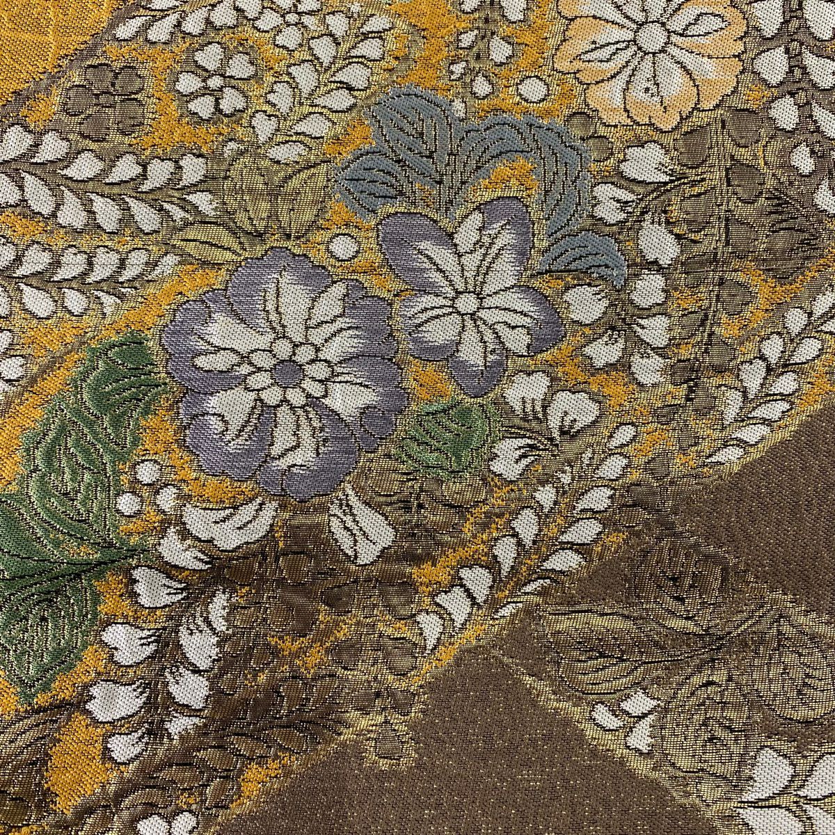 【美品】 袋帶 秀品級 辻花染圖案 幾何學 金金箔 茶 六通 純蠶絲