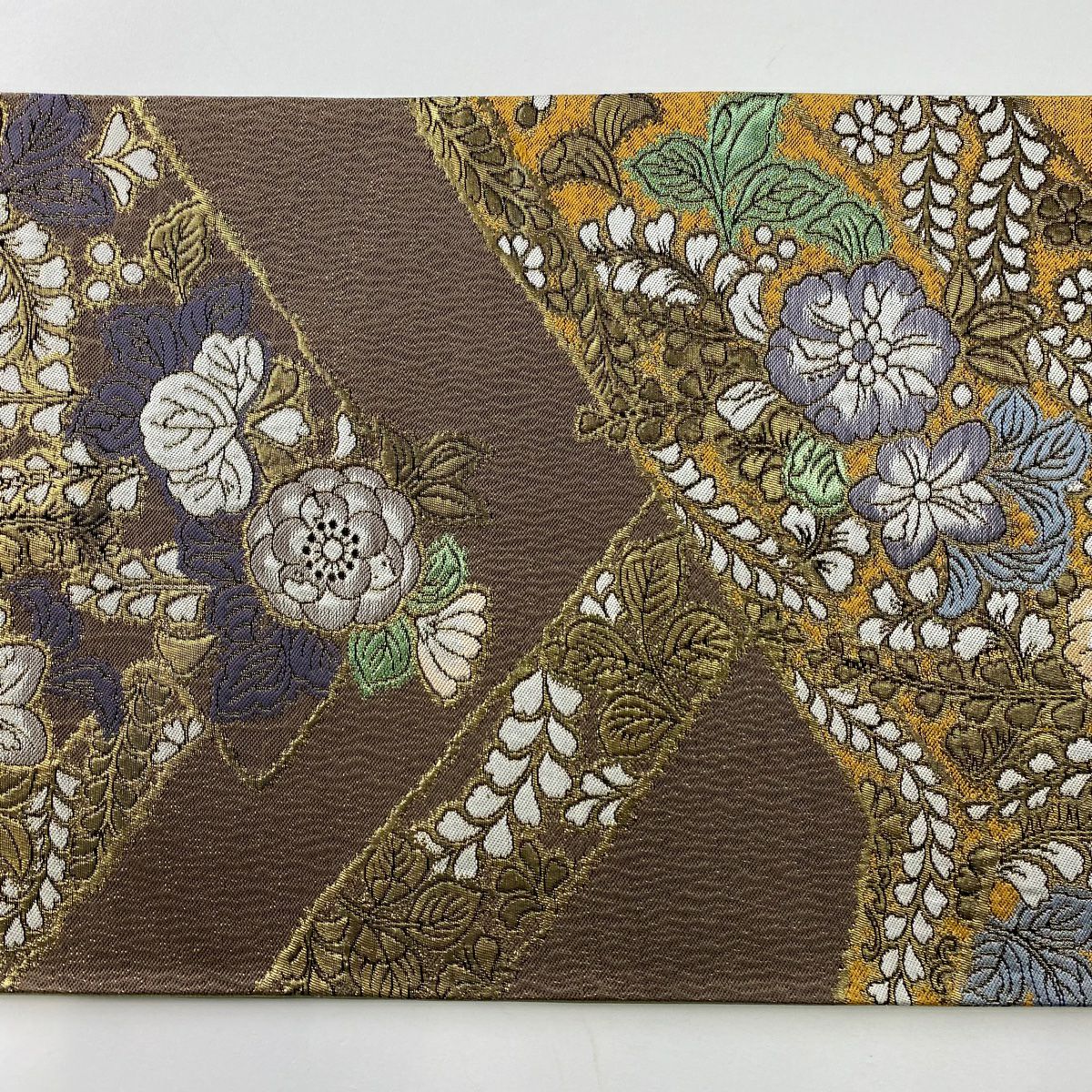 【美品】 袋帶 秀品級 辻花染圖案 幾何學 金金箔 茶 六通 純蠶絲