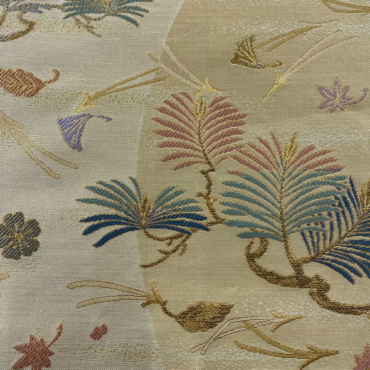 【美品】 袋帶 秀品級 若松樹 櫻花 刺繡 金線 米色 六通 純蠶絲