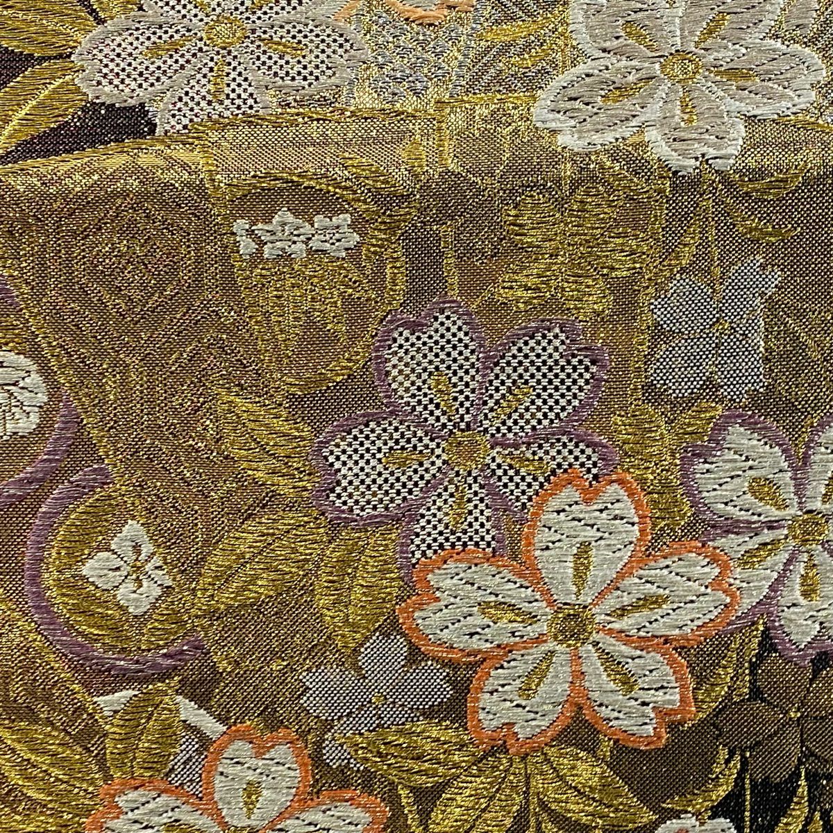 袋帶 秀品級 櫻花 檜扇子 金銀線 金金箔 紅茶 六通 純蠶絲