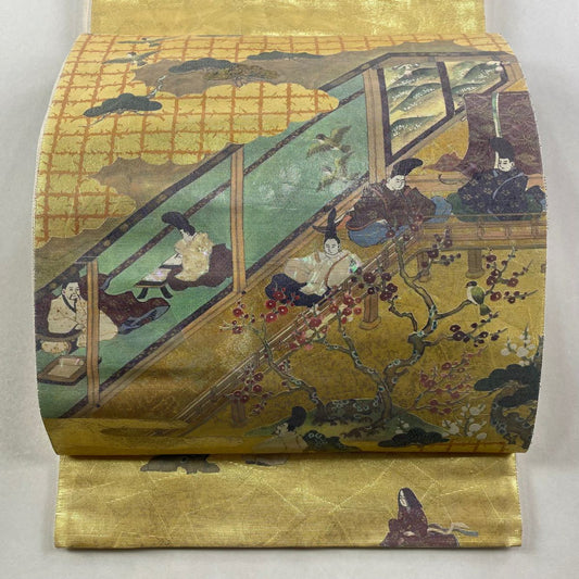 袋帶 秀品級 人物 枝梅花 金金箔 金色 大鼓圖案 純蠶絲