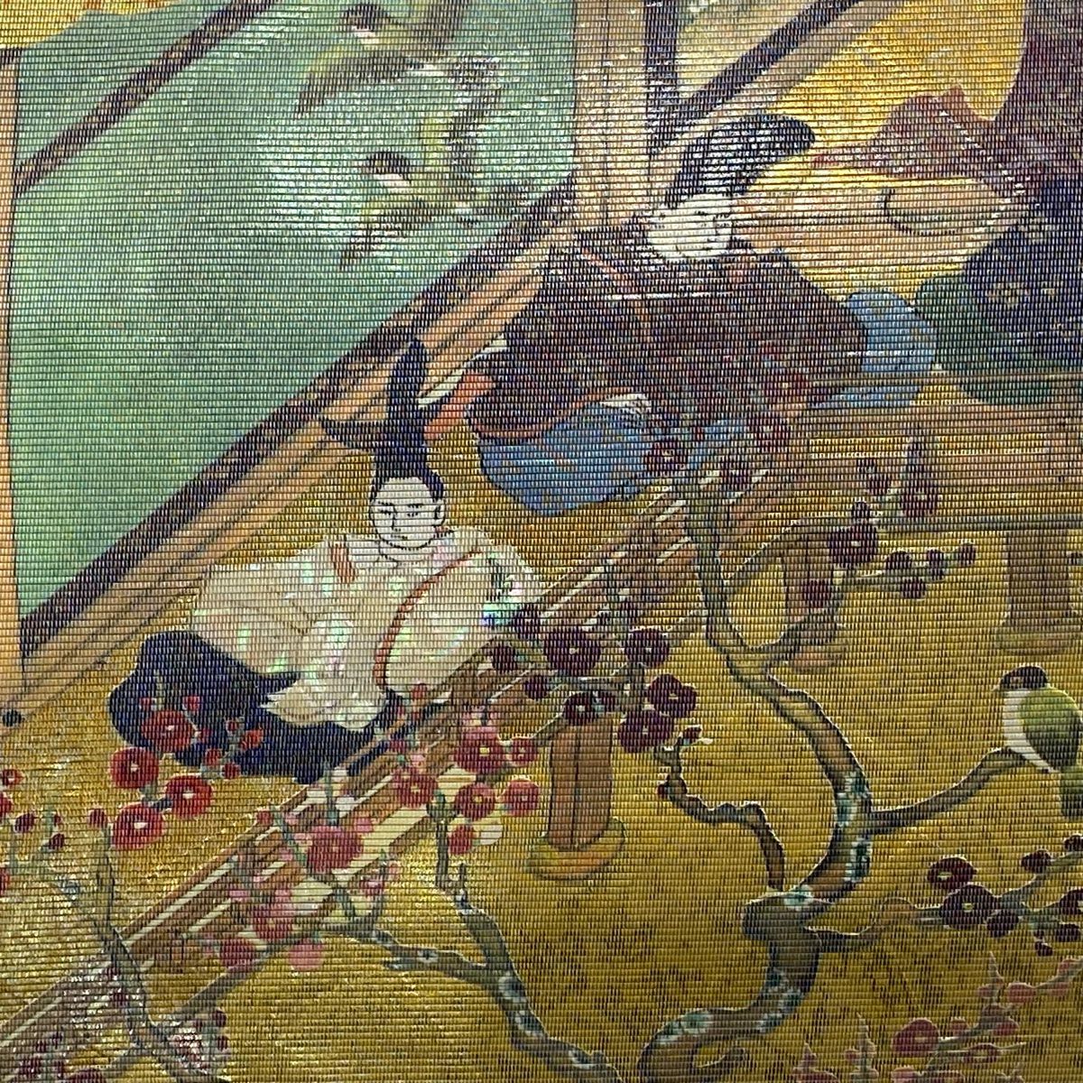 袋帶 秀品級 人物 枝梅花 金金箔 金色 大鼓圖案 純蠶絲