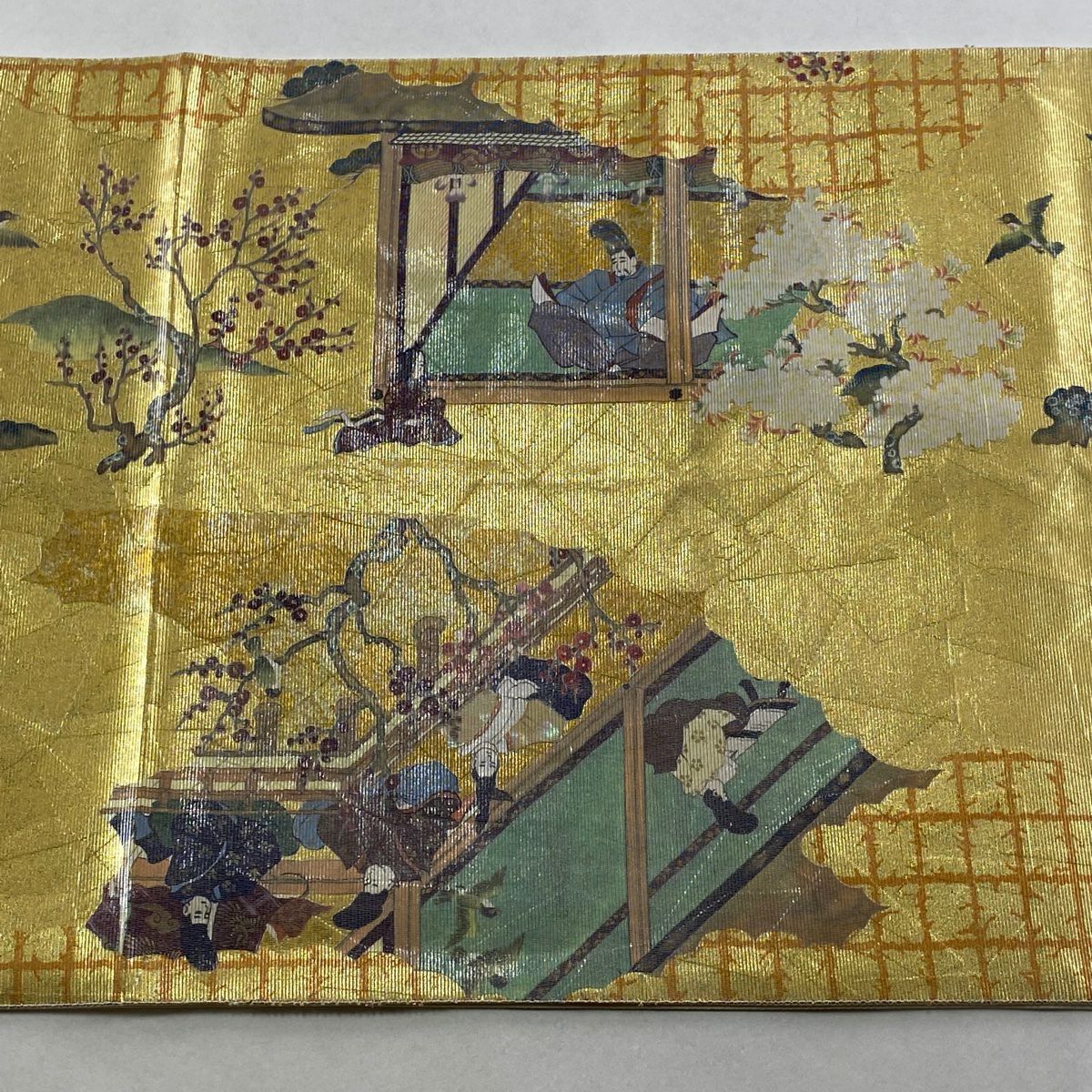 袋帶 秀品級 人物 枝梅花 金金箔 金色 大鼓圖案 純蠶絲