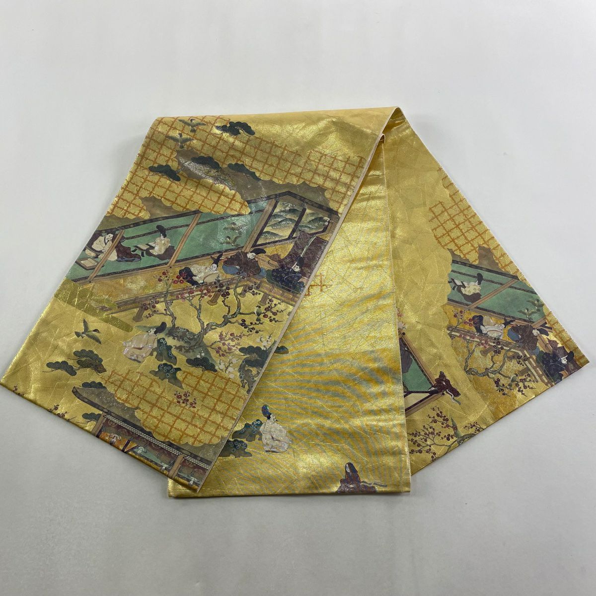 袋帶 秀品級 人物 枝梅花 金金箔 金色 大鼓圖案 純蠶絲