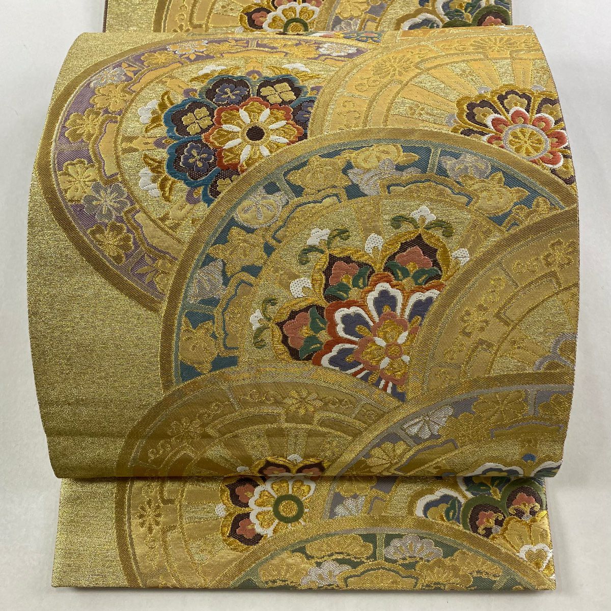 【美品】 袋帶 秀品級 片輪車 華紋 刺繡 金銀彩 金 六通 純蠶絲