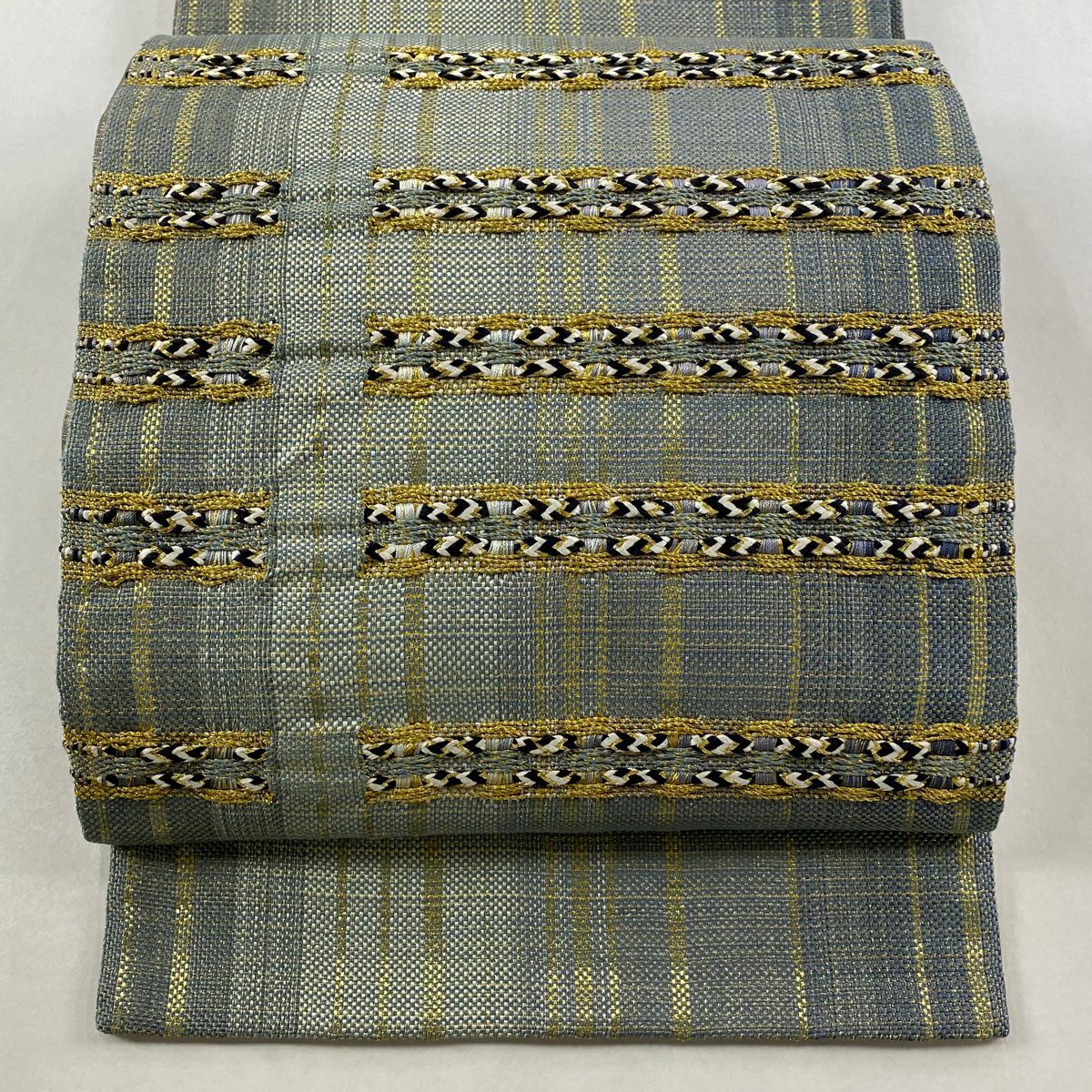 【美品】 袋帶 秀品級 縞 金糸 灰綠 お太鼓柄 純蠶絲