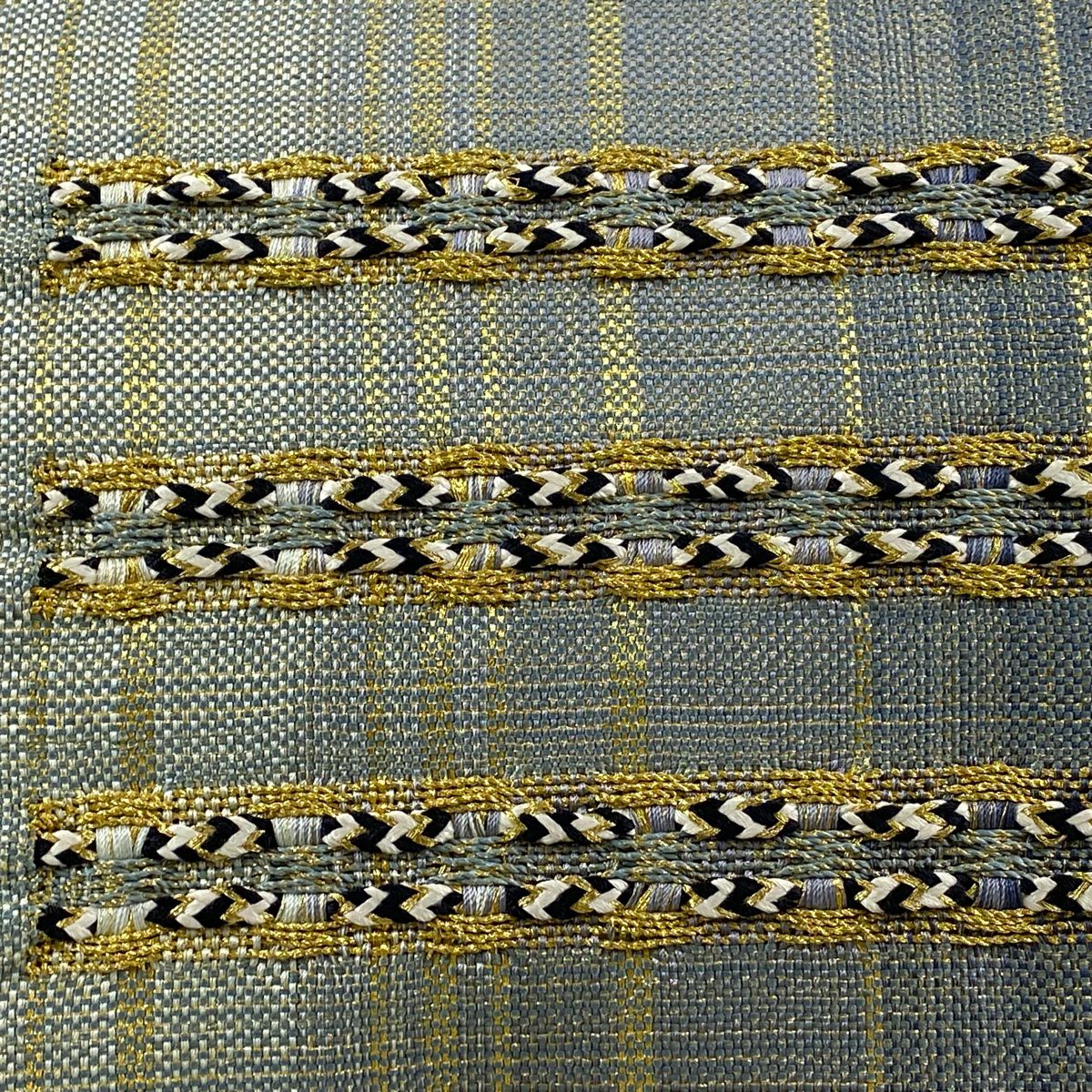 【美品】 袋帶 秀品級 縞 金糸 灰綠 お太鼓柄 純蠶絲