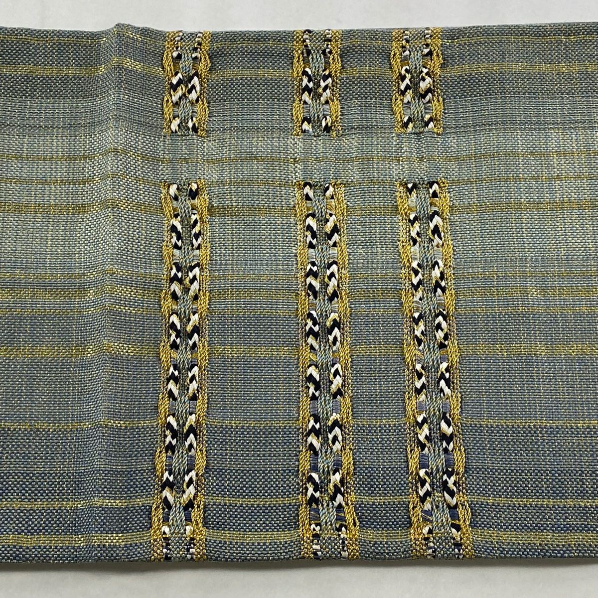 【美品】 袋帶 秀品級 縞 金糸 灰綠 お太鼓柄 純蠶絲